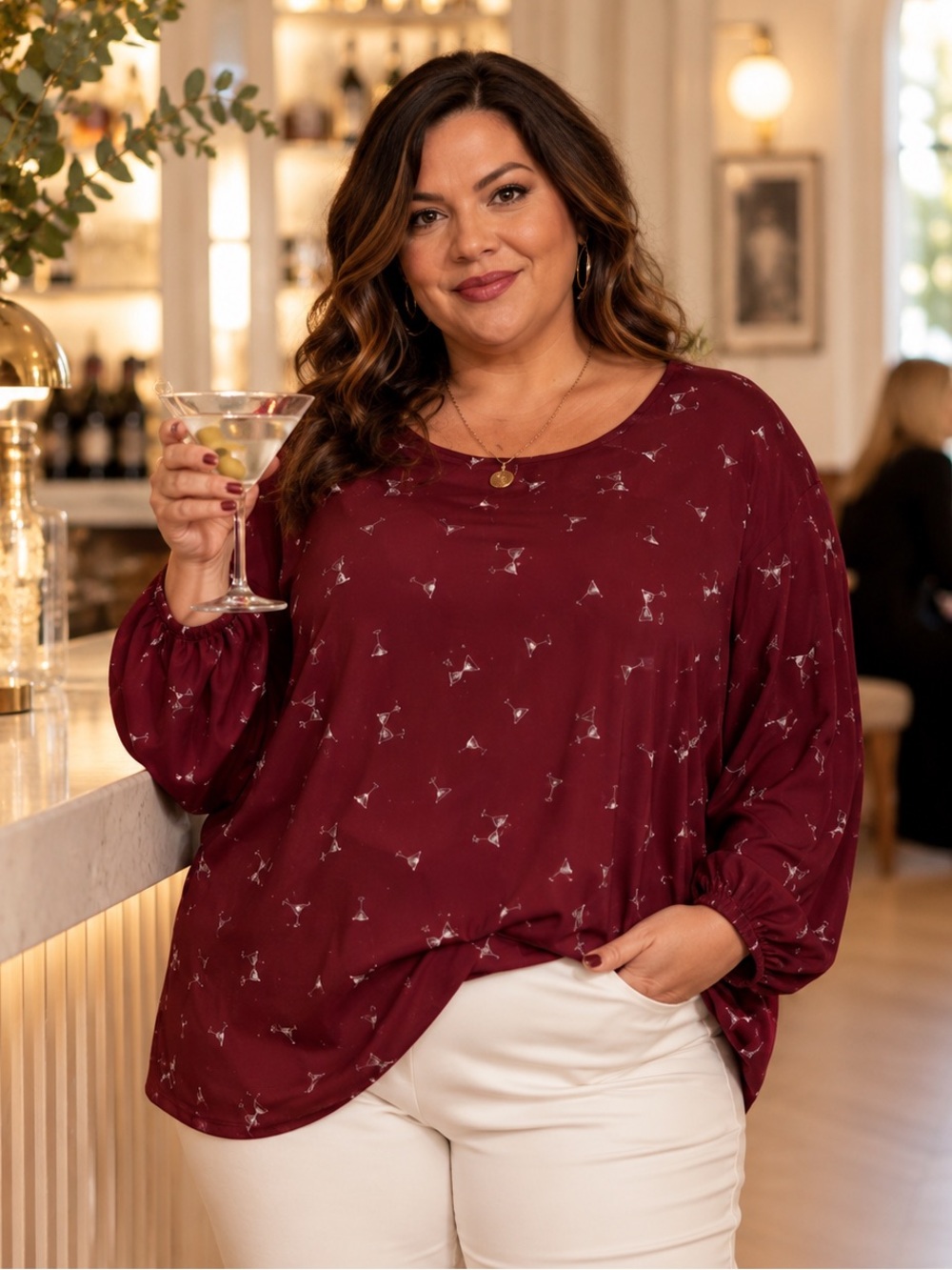 Dressbarn Martini Glass Print Blouse Maroon Novelty Top Plus Size 2X